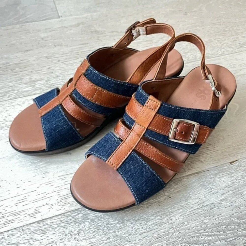 SAS Layla T-Strap Wedge Sandals in Blue Jean Denim and Tan Leather 6.5
